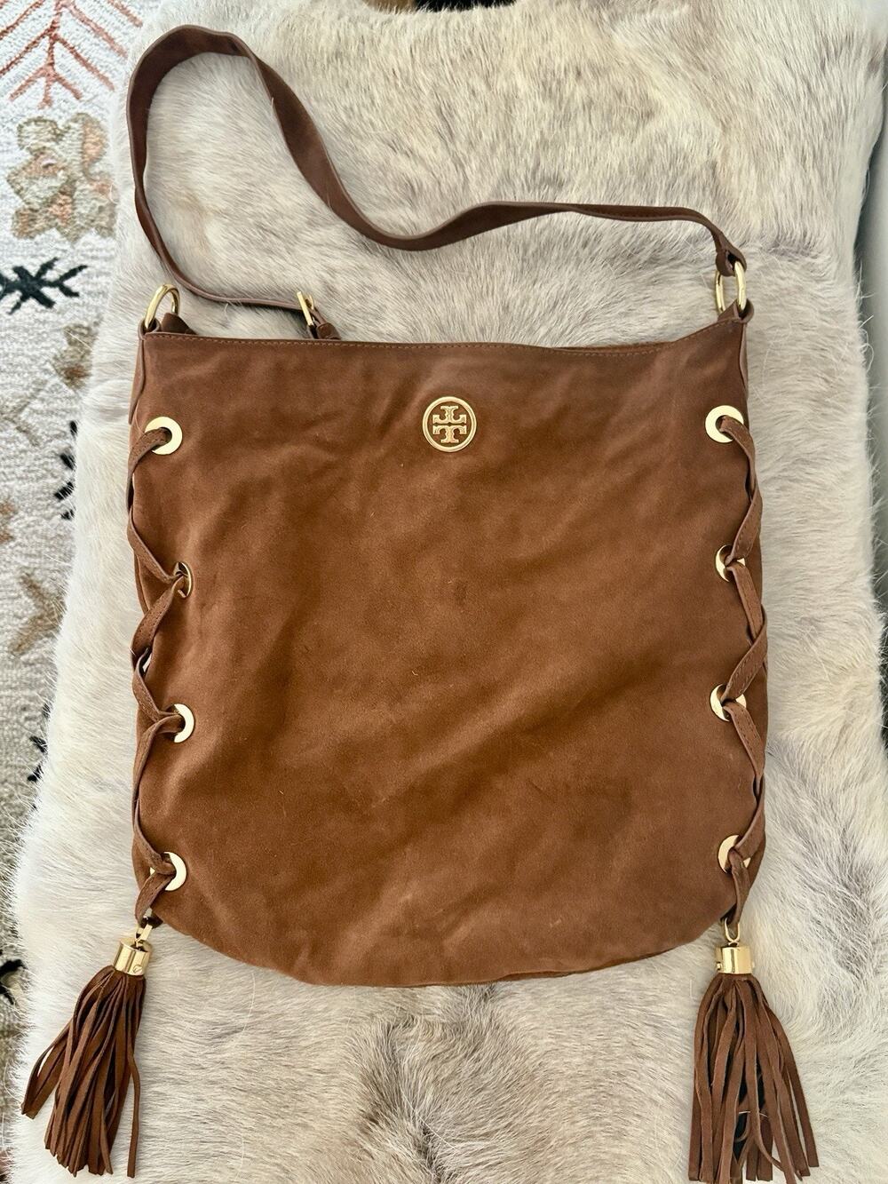 Tory Burch Lizzie Suede Hobo Desert Brown Tassels Authentic w/ Original Tag 13”